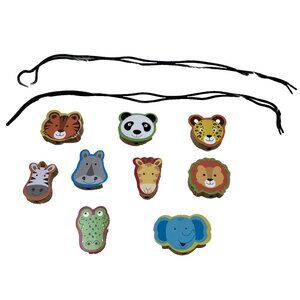 Educational Wooden Stringing Beads Colorful Zoo Animal Shapes Set of 9 Toddler